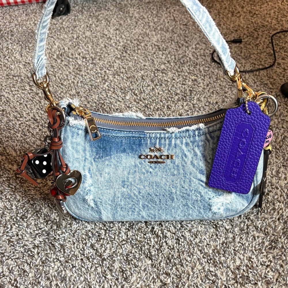 Coach Light Blue Denim Mini Shoulder Bag with Purple Tag